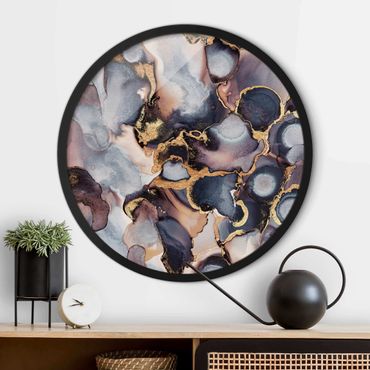 Circular framed print - Marble Watercolour With Gold