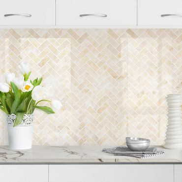Kitchen wall cladding - Marble Fish Bone Tiles - Sand Light-Coloured  Joints