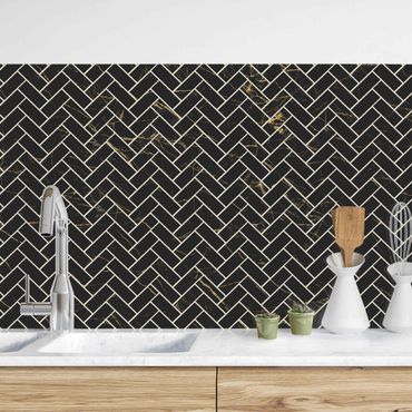 Kitchen wall cladding - Marble Fish Bone Tiles - Black And Golden