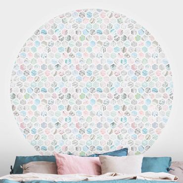 Self-adhesive round wallpaper - Marble Hexagons Rose And Sea Blue