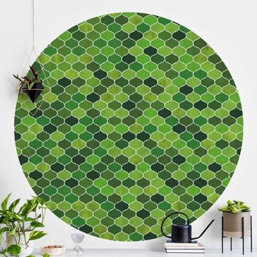 Self-adhesive round wallpaper - Moroccan Watercolour Pattern Green