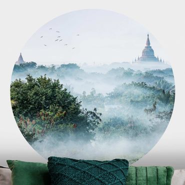 Self-adhesive round wallpaper - Morning Fog Over The Jungle Of Bagan