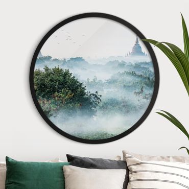 Circular framed print - Morning Fog Over The Jungle Of Bagan