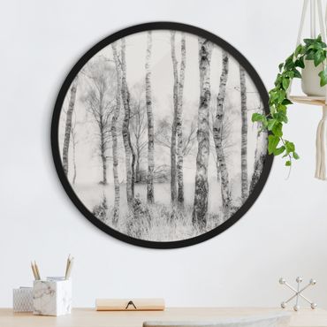 Circular framed print - Mystic Birch Forest Black And White