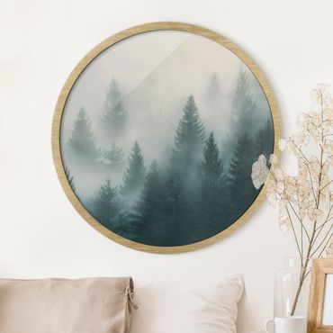 Circular framed print - Coniferous Forest In Fog
