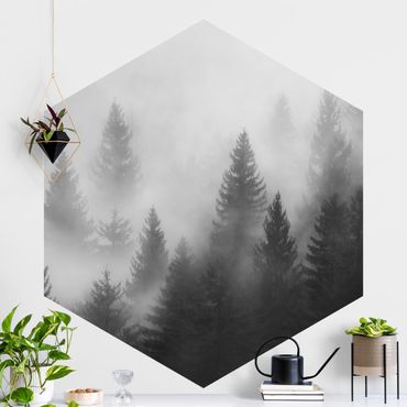Self-adhesive hexagonal pattern wallpaper - Coniferous Forest In The Fog Black And White