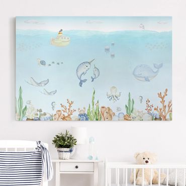 Print on canvas - Narwhal family with friends - Landscape format 3:2