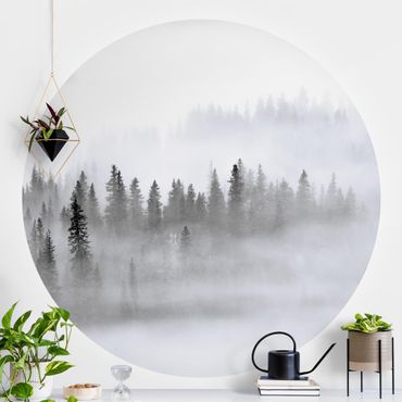 Self-adhesive round wallpaper forest - Fog In The Fir Forest Black And White