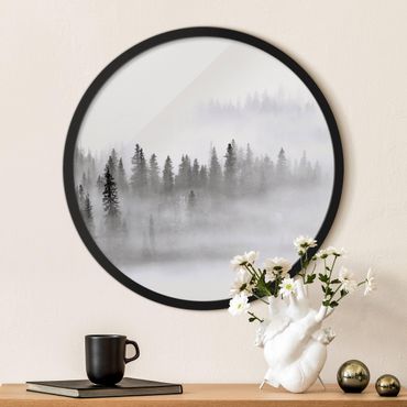 Circular framed print - Fog In The Fir Forest Black And White
