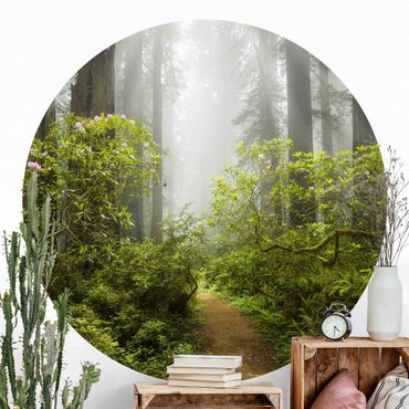 Self-adhesive round wallpaper forest - Misty Forest Path
