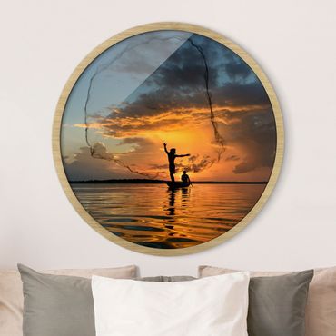 Circular framed print - Fishing Net At Sunset