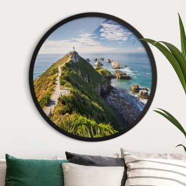 Circular framed print - Nugget Point Lighthouse And Sea New Zealand