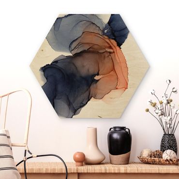 Wooden hexagon - Drops Of Ocean Blue And Orange With Gold