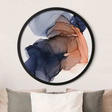Circular framed print - Drops Of Ocean Blue And Orange With Gold