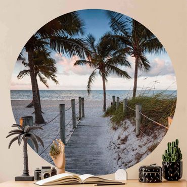 Self-adhesive round wallpaper - Palm Trees At Boardwalk To The Ocean