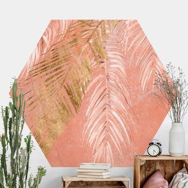 Self-adhesive hexagonal pattern wallpaper - Palm Fronds In Pink And Gold I