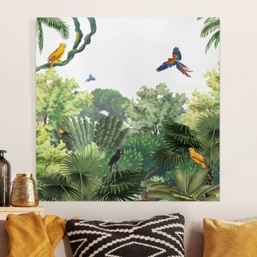 Print on canvas - Parrot parade in the jungle - Square 1:1