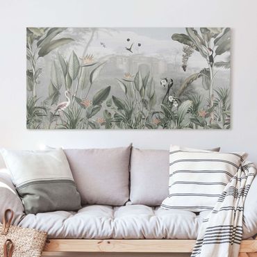 Print on canvas - Birds of paradise in the jungle panorama - Landscape format 2:1