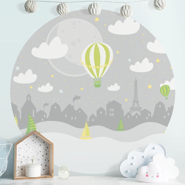 Self-adhesive round wallpaper - Paris With Stars And Hot Air Balloon In Grey