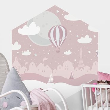 Self-adhesive hexagonal pattern wallpaper - Paris With Stars And Hot Air Balloon In Pink