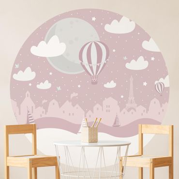 Self-adhesive round wallpaper - Paris With Stars And Hot Air Balloon In Pink
