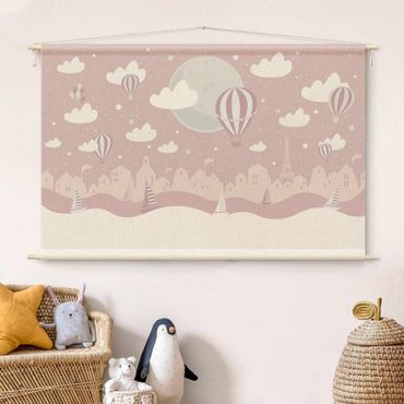 Tapestry - Paris With Stars And Hot Air Balloon In Pink