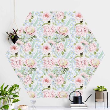 Self-adhesive hexagonal pattern wallpaper - Pastel Flowers Pink Blue