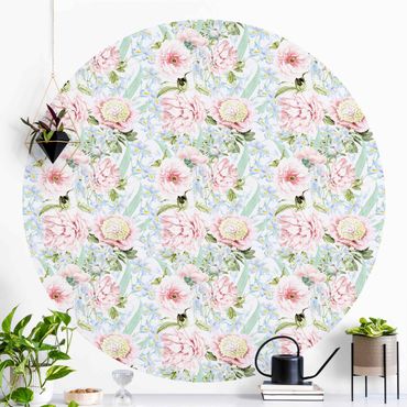 Self-adhesive round wallpaper - Pastel Flowers Pink Blue