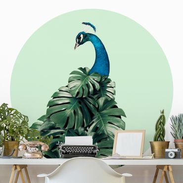 Self-adhesive round wallpaper - Peacock With Monstera Leaves