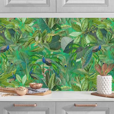 Kitchen wall cladding - Peacocks In The Jungle II