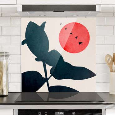 Glass Splashback - World Of Plants With Red Sun - Square 1:1