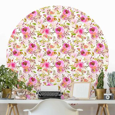 Self-adhesive round wallpaper - Pink Watercolour Flowers