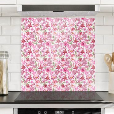 Splashback - Pink Flowers With Butterflies - Square 1:1