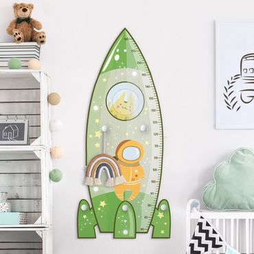 Wooden height chart for kids with hooks - Rocket Green