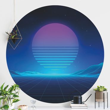 Self-adhesive round wallpaper - Retro video In Blue