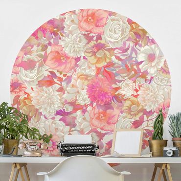 Self-adhesive round wallpaper - Pink Blossom Dream With Roses