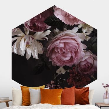 Self-adhesive hexagonal pattern wallpaper - Pink Flowers On Black Vintage