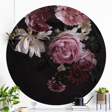 Self-adhesive round wallpaper - Pink Flowers On Black Vintage