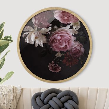 Circular framed print - Pink Flowers On Black Vintage