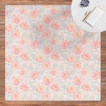 Cork mat - Pink Flowers With Light Blue Leaves - Square 1:1