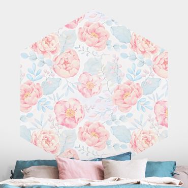 Self-adhesive hexagonal pattern wallpaper - Pink Flowers With Light Blue Leaves