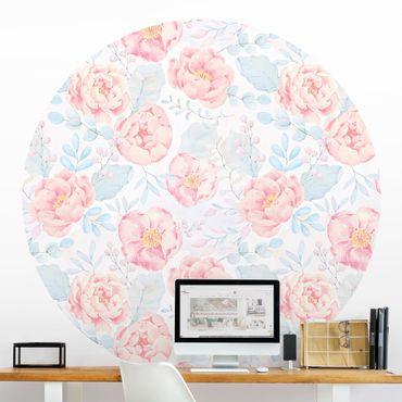 Self-adhesive round wallpaper - Pink Flowers With Light Blue Leaves