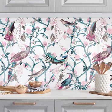 Kitchen wall cladding - Light Pink Morning Glories With Birds In Blue II