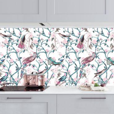 Kitchen wall cladding - Light Pink Morning Glories With Birds In Blue