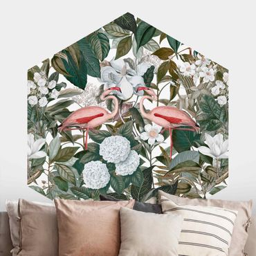 Self-adhesive hexagonal pattern wallpaper - Pink Flamingos With Leaves And White Flowers