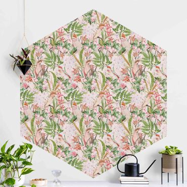 Self-adhesive hexagonal pattern wallpaper - Pink Cockatoos With Flowers