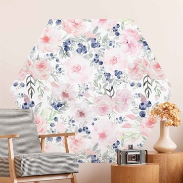 Self-adhesive hexagonal pattern wallpaper - Pink Roses With Blueberries In Front Of White