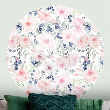 Self-adhesive round wallpaper - Pink Roses With Blueberries In Front Of White