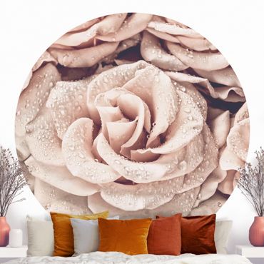 Self-adhesive round wallpaper - Roses Sepia With Water Drops