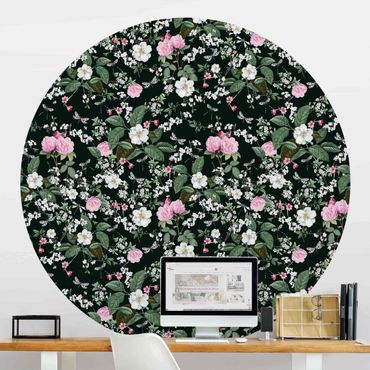 Self-adhesive round wallpaper - Roses And Butterflies On Dark Green